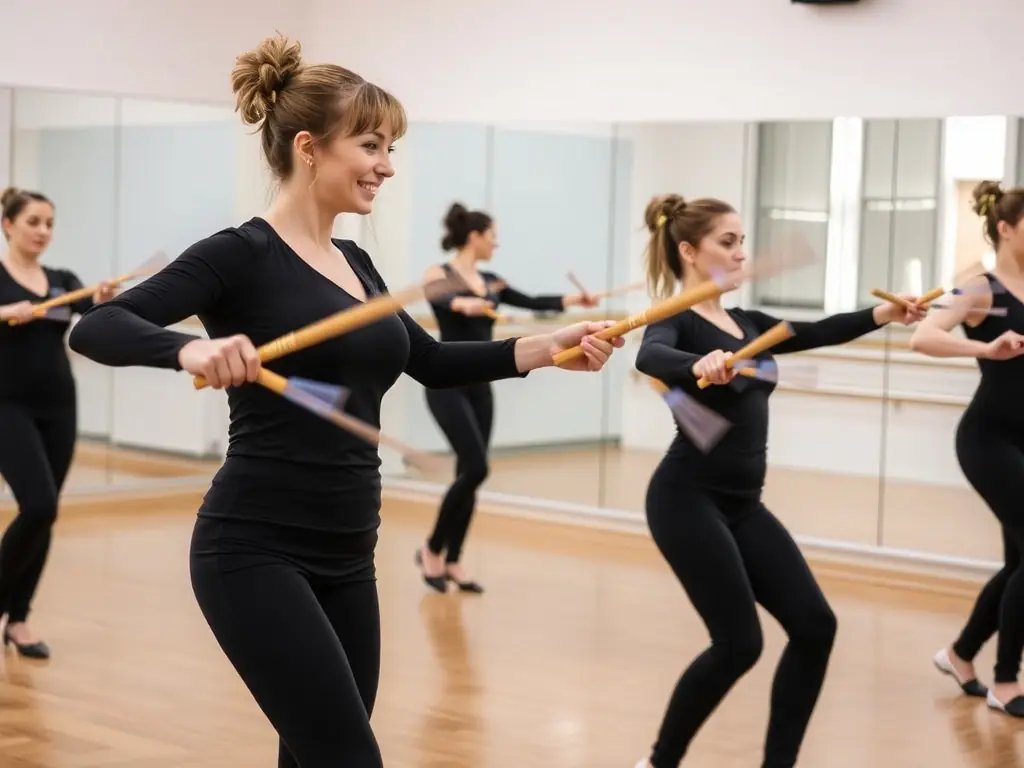 A photograph of a group of adult participants practicing advanced baton twirling techniques, demonstrating precision and artistry.