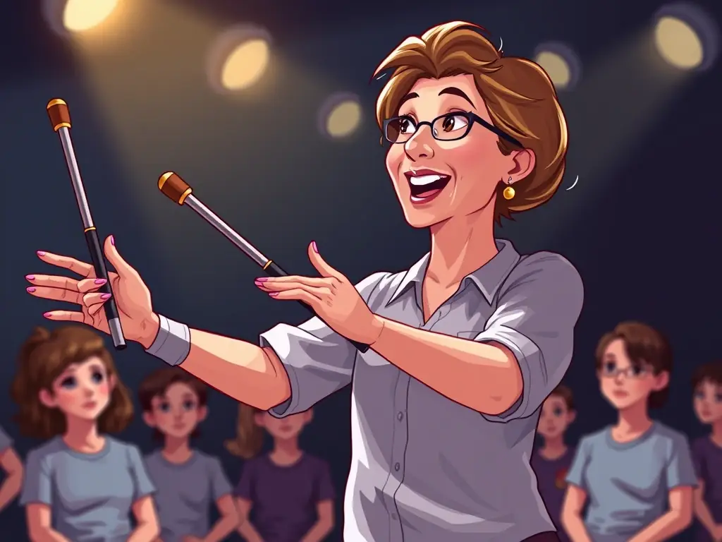 An image of a skilled baton twirler performing an advanced routine with multiple batons, demonstrating precision and artistry.